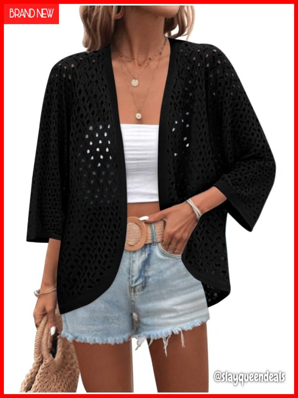 Womens Crochet Cardigan 3/4 Sleeve Batwing Kimono Lightweight Summer Shrug